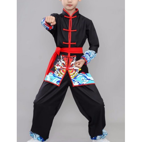 Boys chinese kung fu wushu martial arts performance uniforms Chinese kungfu training clothes Drumming lion gold Dragon dance suit for children